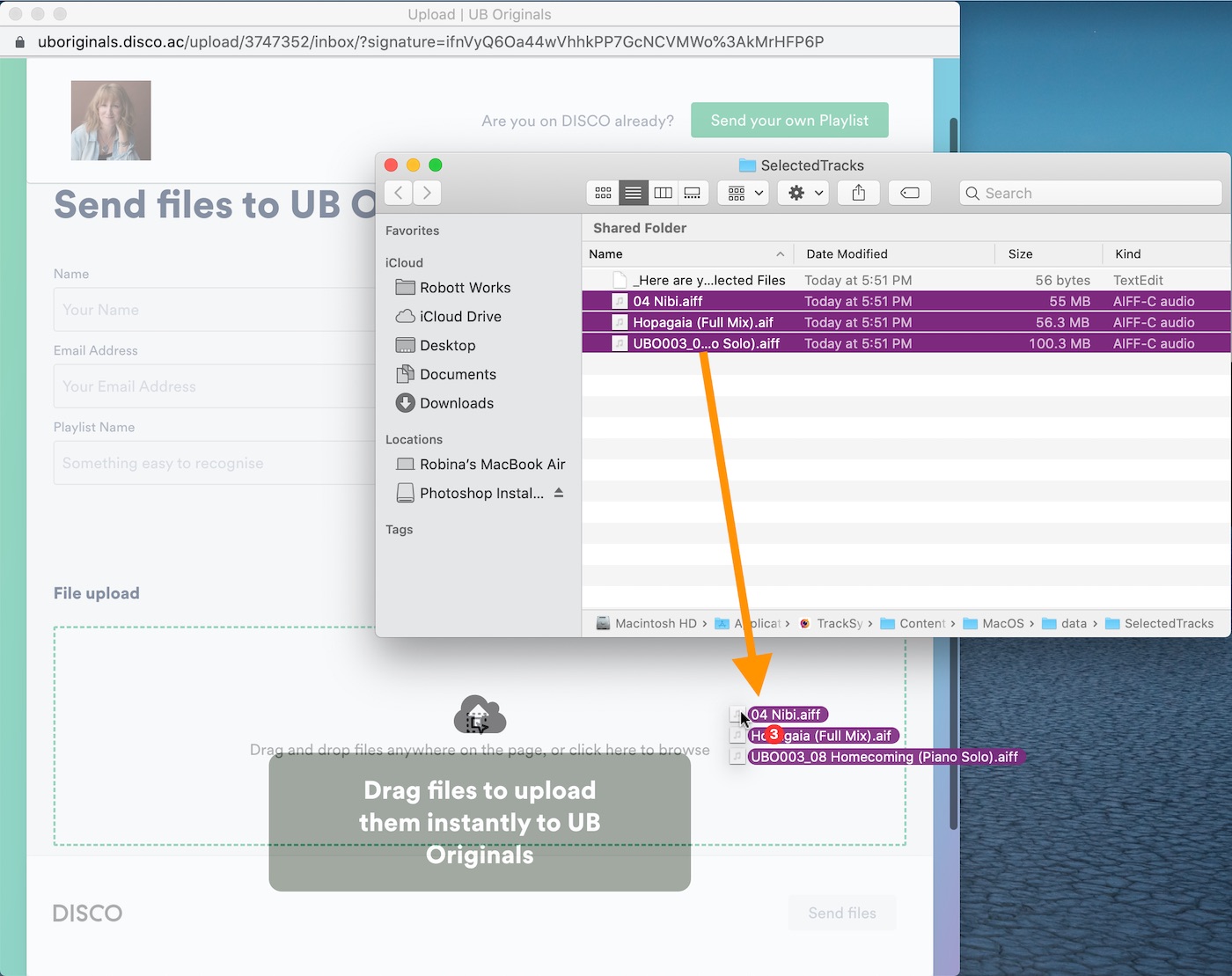 Dragging tracks from the Selected Tracks window to DISCO's Upload window.