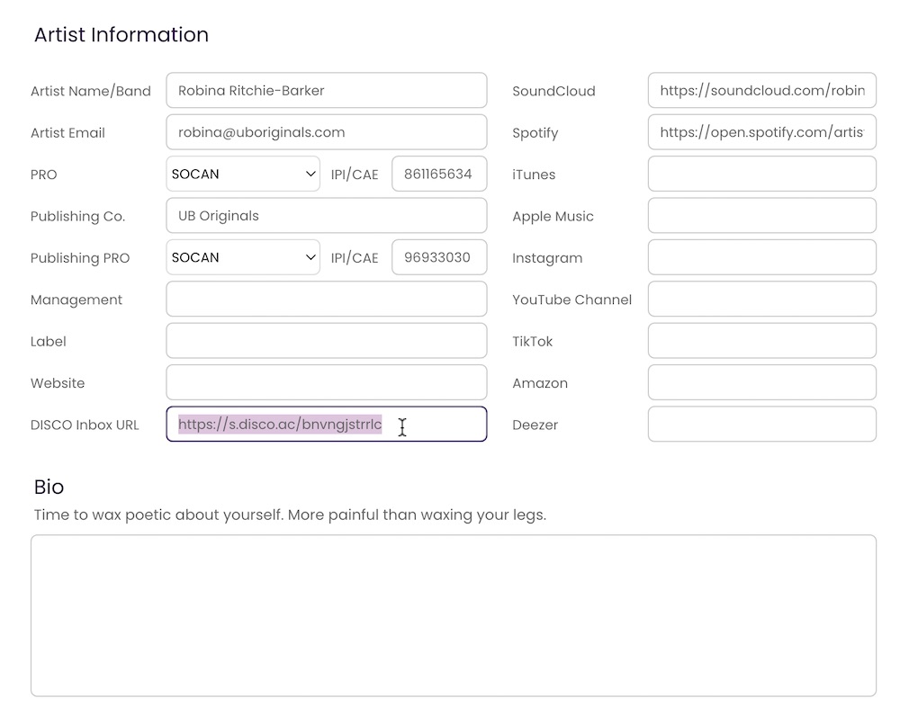 Pasting the URL into the DISCO Inbox URL field.