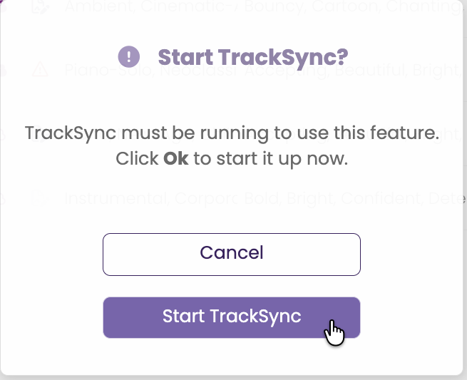 The Start TrackSync? prompt with Cancel and Start TrackSync buttons